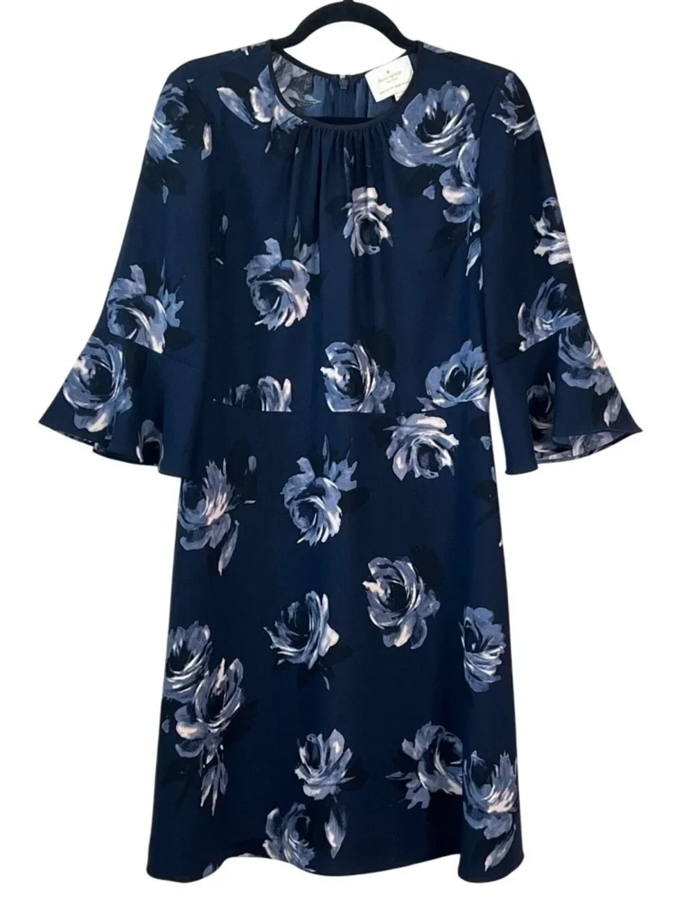 Kate Spade Night Rose Crape Navy Floral Dress Bell Sleeve 8-10
